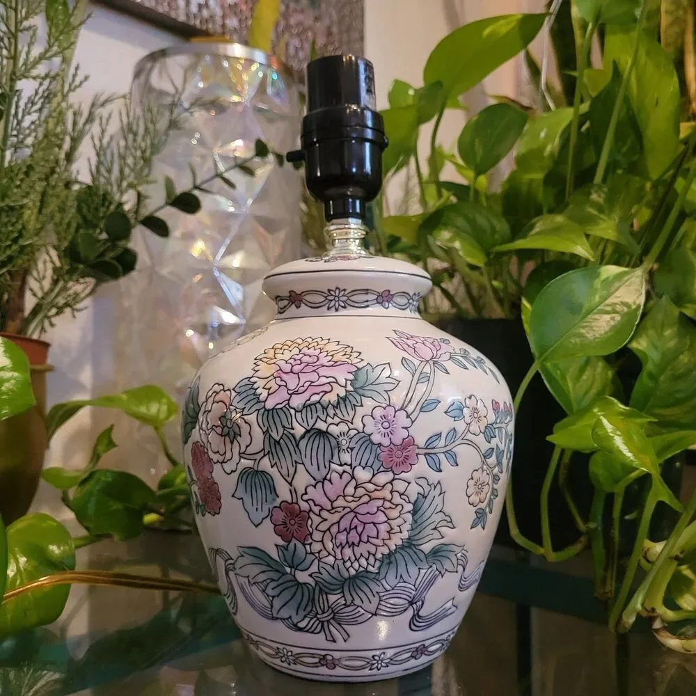 Vintage Lamp Boho Floral Chinoiserie Ginger Jar Table Size White Green Pink Red